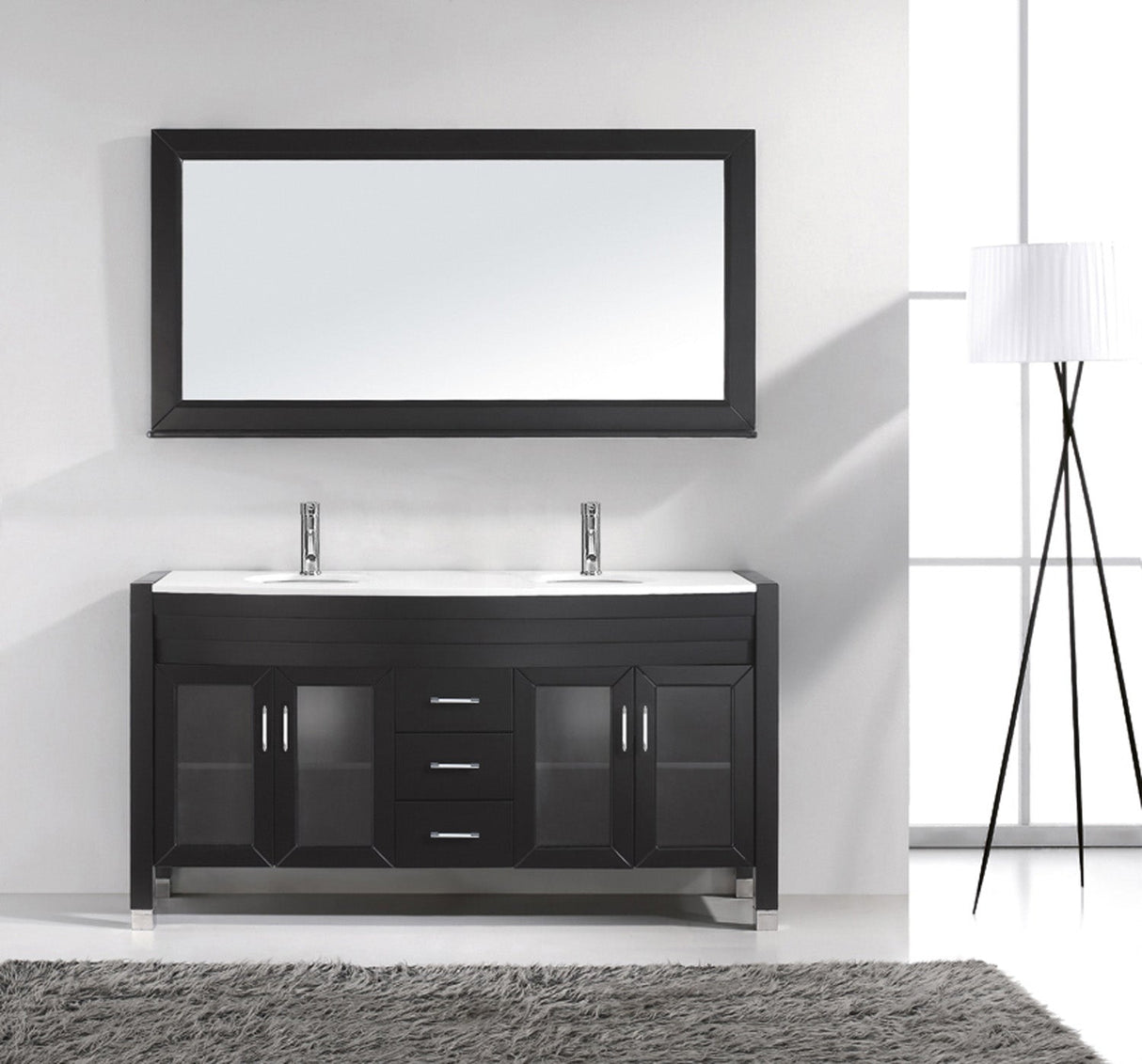 Virtu USA Ava 63" Double Bath Vanity with White Engineered Stone Top and Round Sinks with Matching Mirror