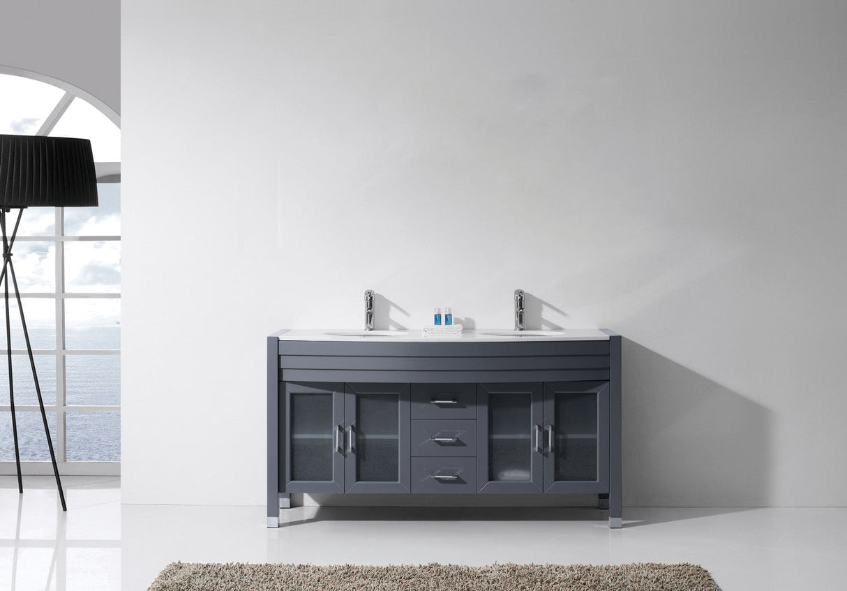 Virtu USA Ava 63" Double Bath Vanity in Gray with White Engineered Stone Top and Round Sinks with Brushed Nickel Faucets