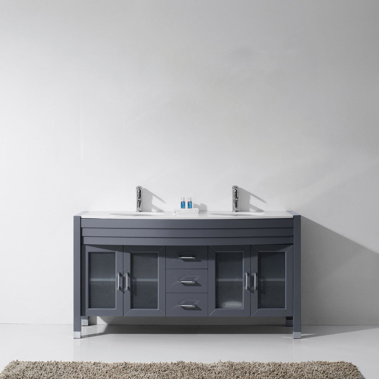 Virtu USA Ava 63" Double Bath Vanity in Gray with White Engineered Stone Top and Round Sinks with Brushed Nickel Faucets