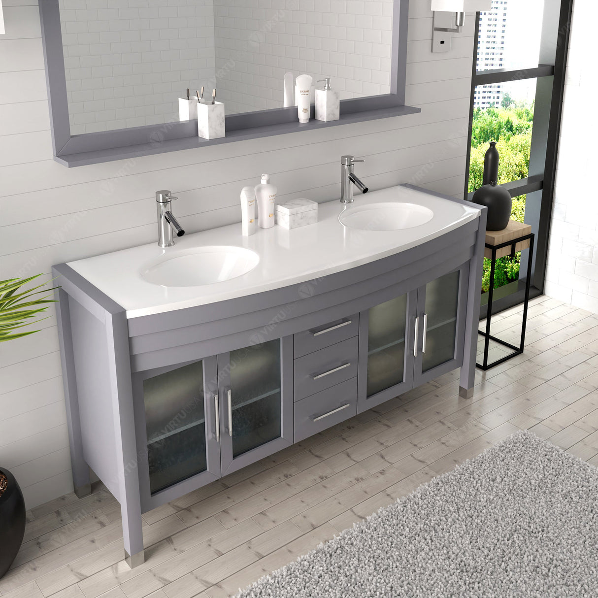 Virtu USA Ava 63" Double Bath Vanity with White Engineered Stone Top and Round Sinks with Brushed Nickel Faucets with Matching Mirror