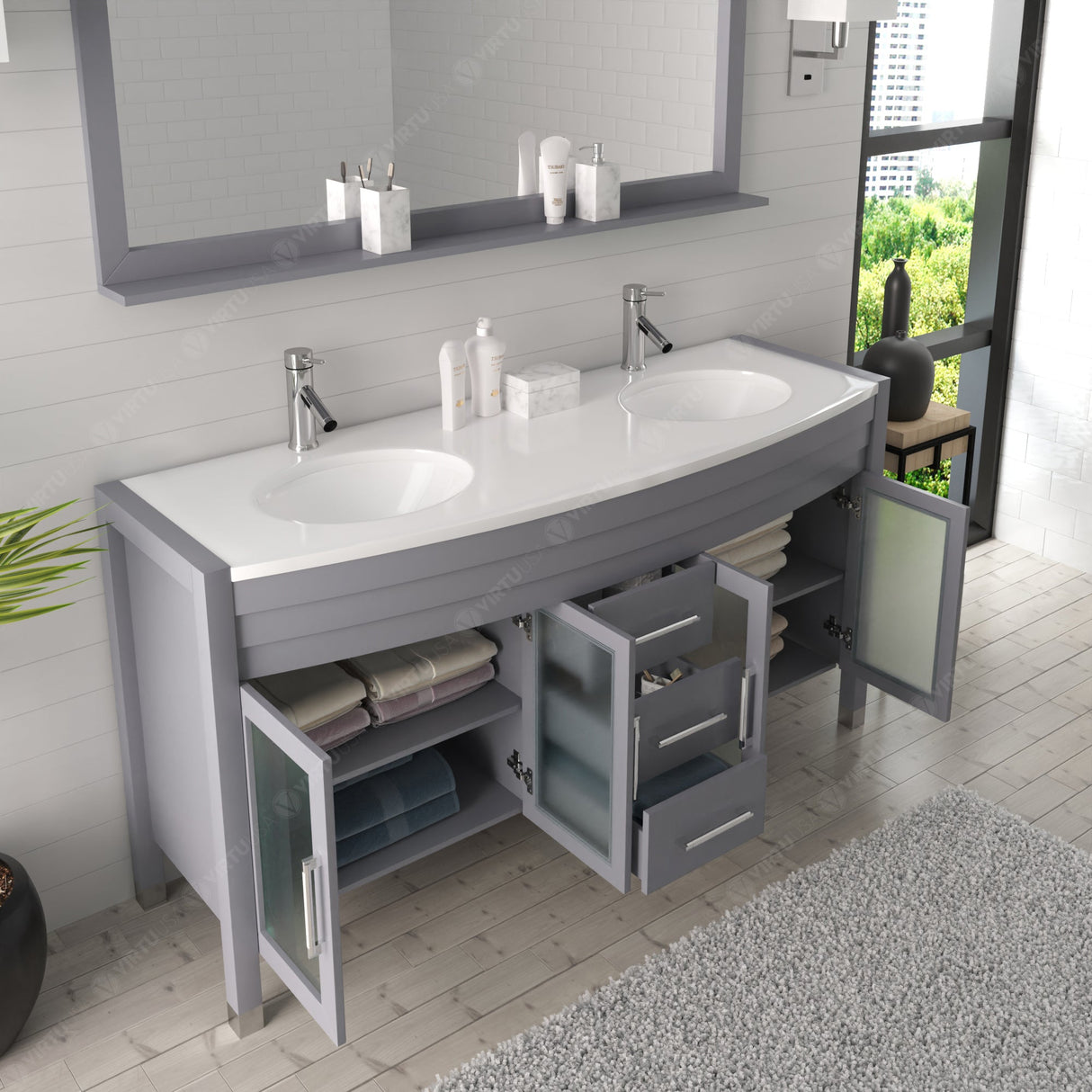 Virtu USA Ava 63" Double Bath Vanity with White Engineered Stone Top and Round Sinks with Brushed Nickel Faucets with Matching Mirror