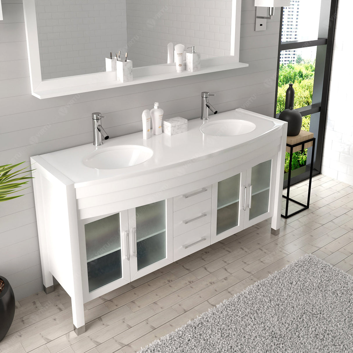 Virtu USA Ava 63" Double Bath Vanity with White Engineered Stone Top and Round Sinks with Brushed Nickel Faucets with Matching Mirror