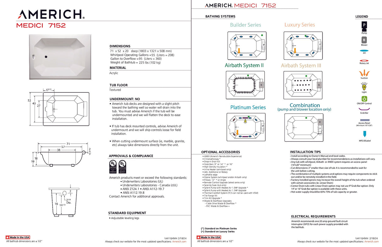 Americh MD7152TA2-WH Medici 7152 - Tub Only / Airbath 2 - White