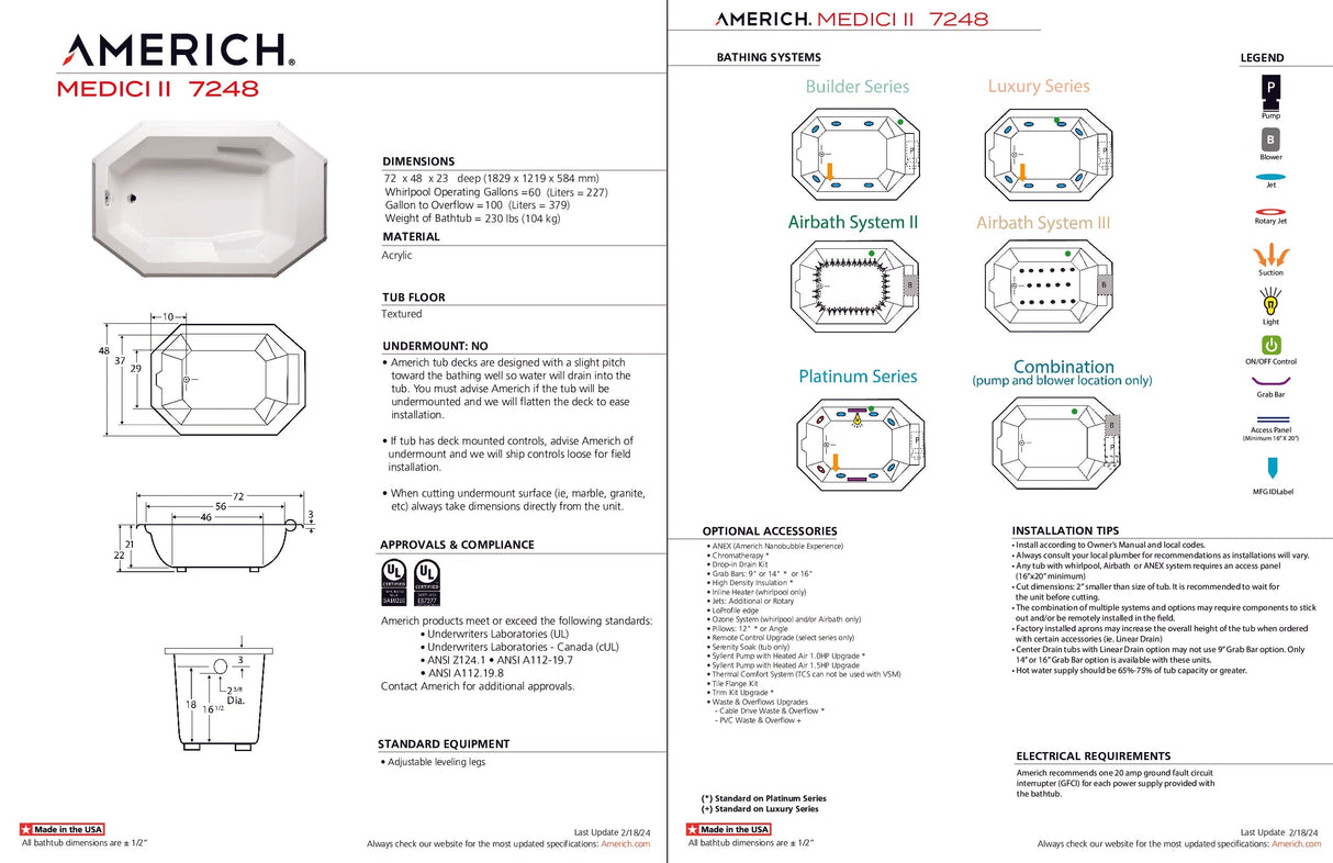 Americh MD7248T2A2-WH Medici II 7248 - Tub Only / Airbath 2 - White