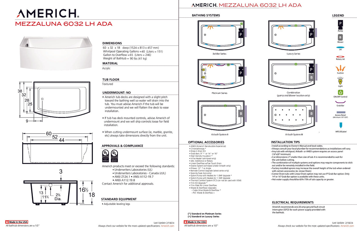 Americh MZ6032TLA5-WH Mezzaluna 6032 ADA Left Hand - Tub Only / Airbath 5 - White