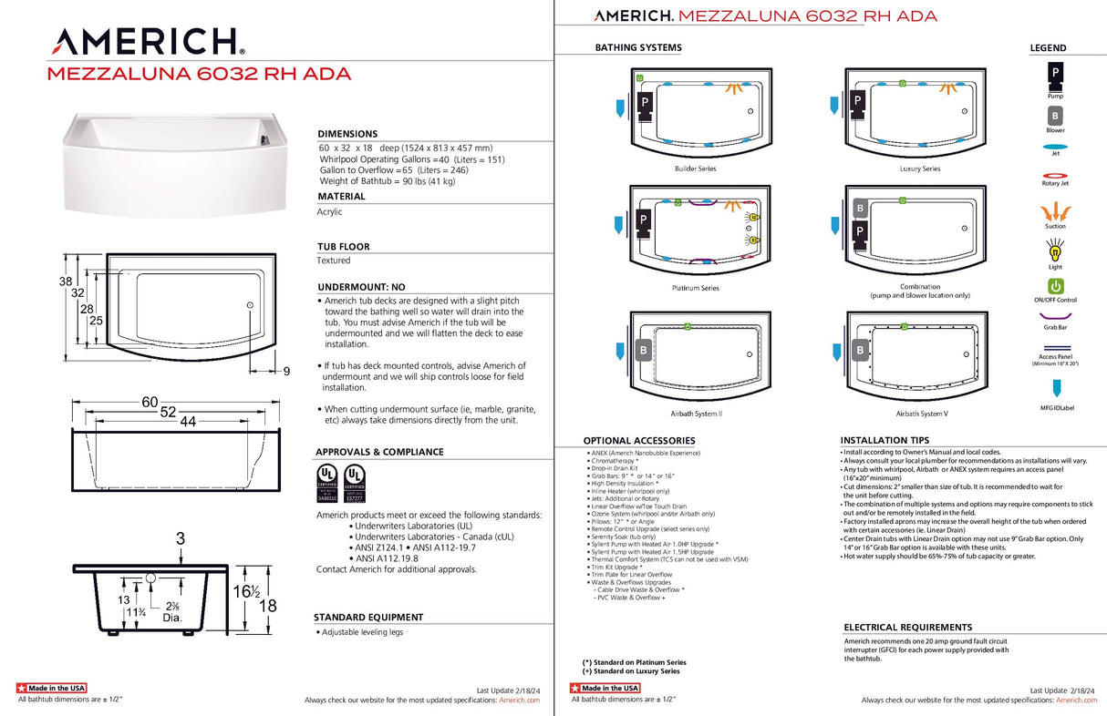 Americh MZ6032TRA5-WH Mezzaluna 6032 ADA Right Hand - Tub Only / Airbath 5 - White