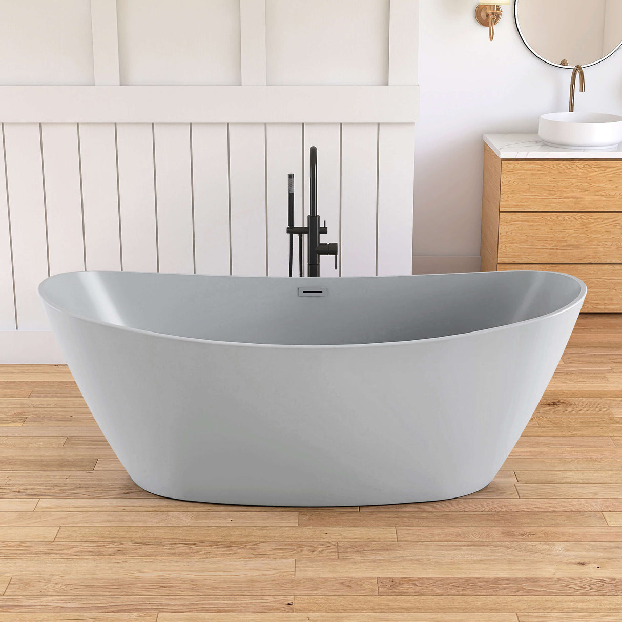 New England Home Goods Playa 71" Freestanding Tub in Gray - Stone Resin Solid Surface