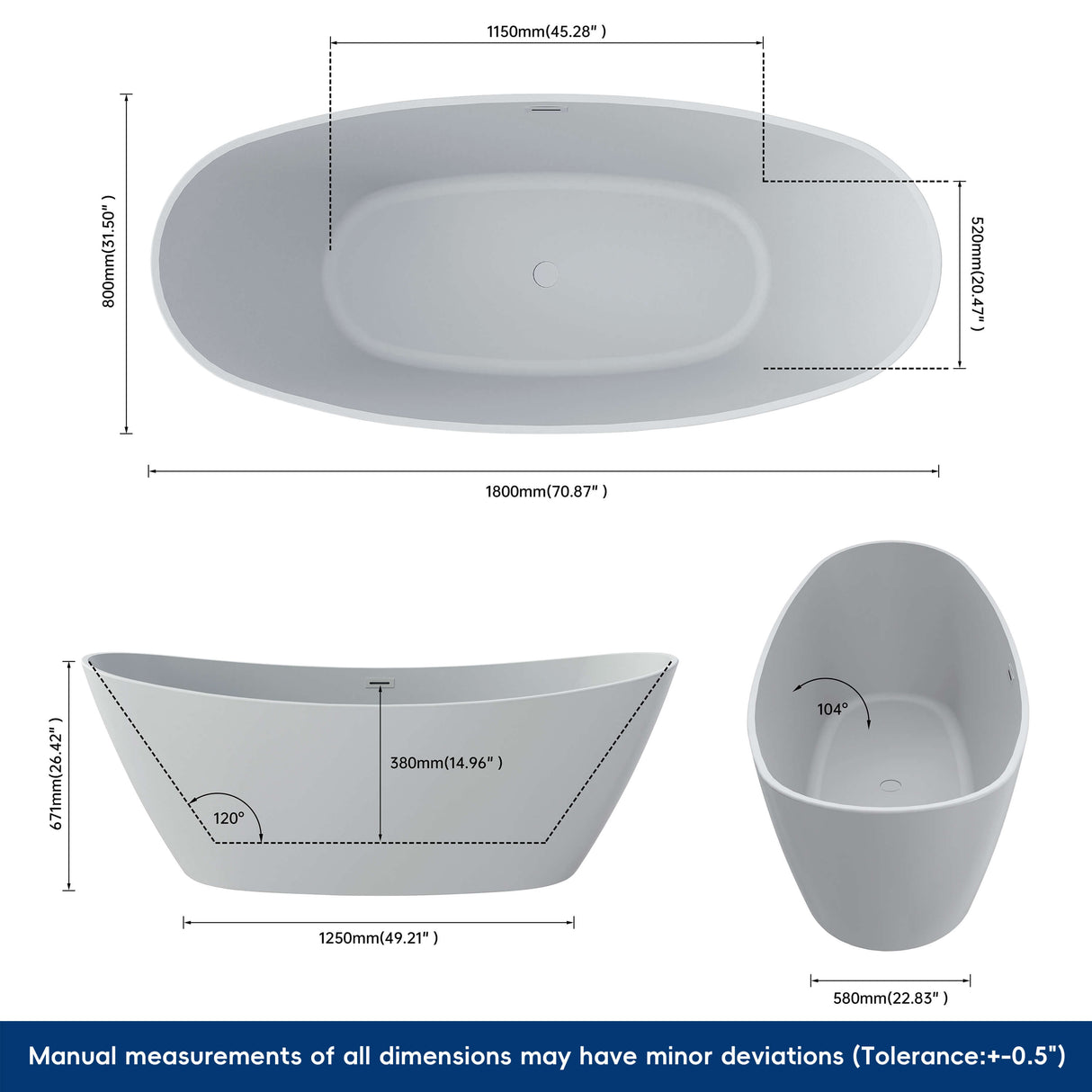 New England Home Goods Playa 71" Freestanding Tub in Gray - Stone Resin Solid Surface