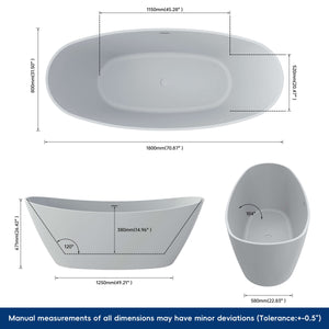 New England Home Goods Playa 71" Freestanding Tub in Gray - Stone Resin Solid Surface