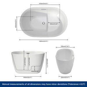 New England Home Goods Navagio 43" Freestanding Tub in White - Acrylic