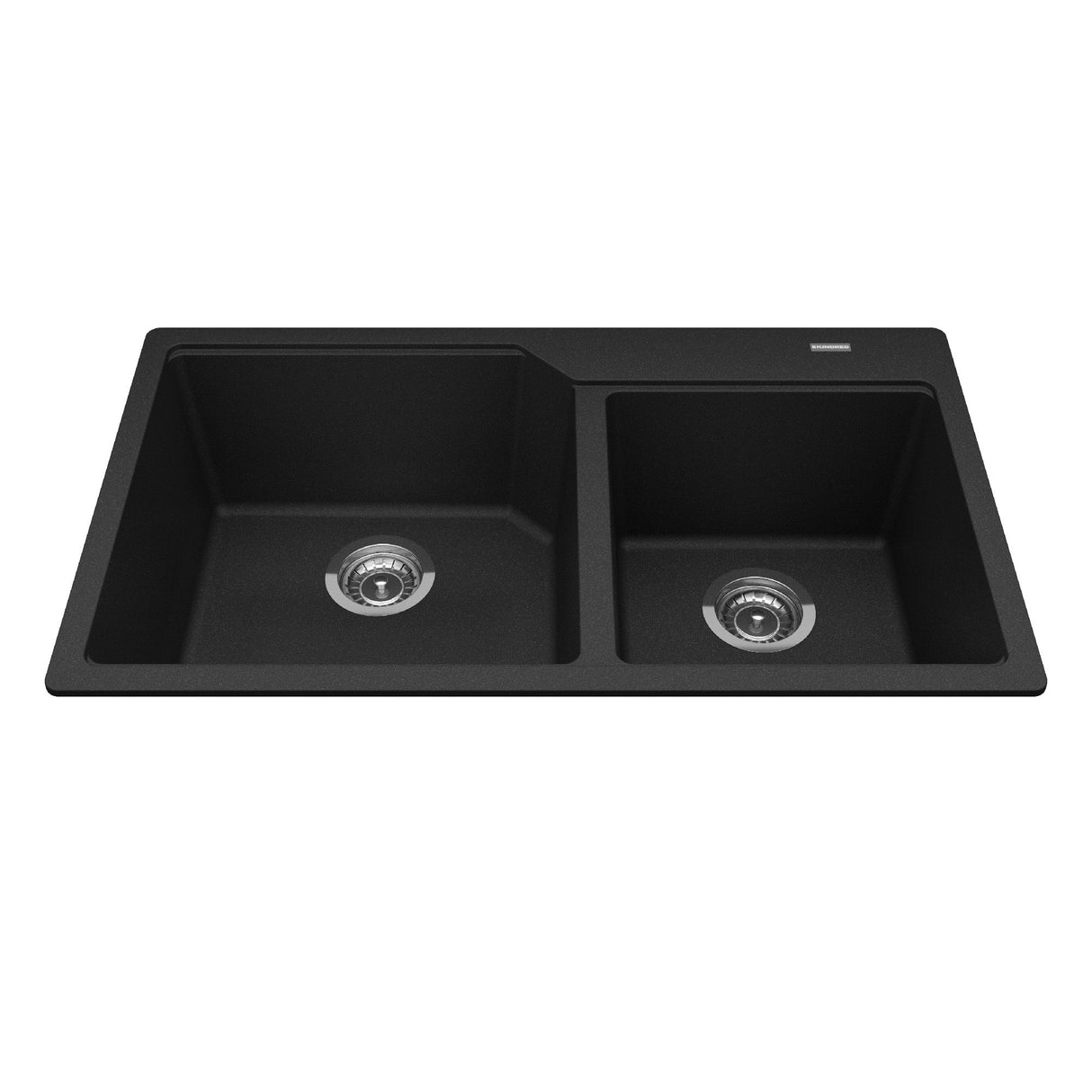 KINDRED MGCM2034-9ONN Granite Series 33.88-in LR x 19.69-in FB x 9.06-in DP Drop In Double Bowl Granite Kitchen Sink In Onyx