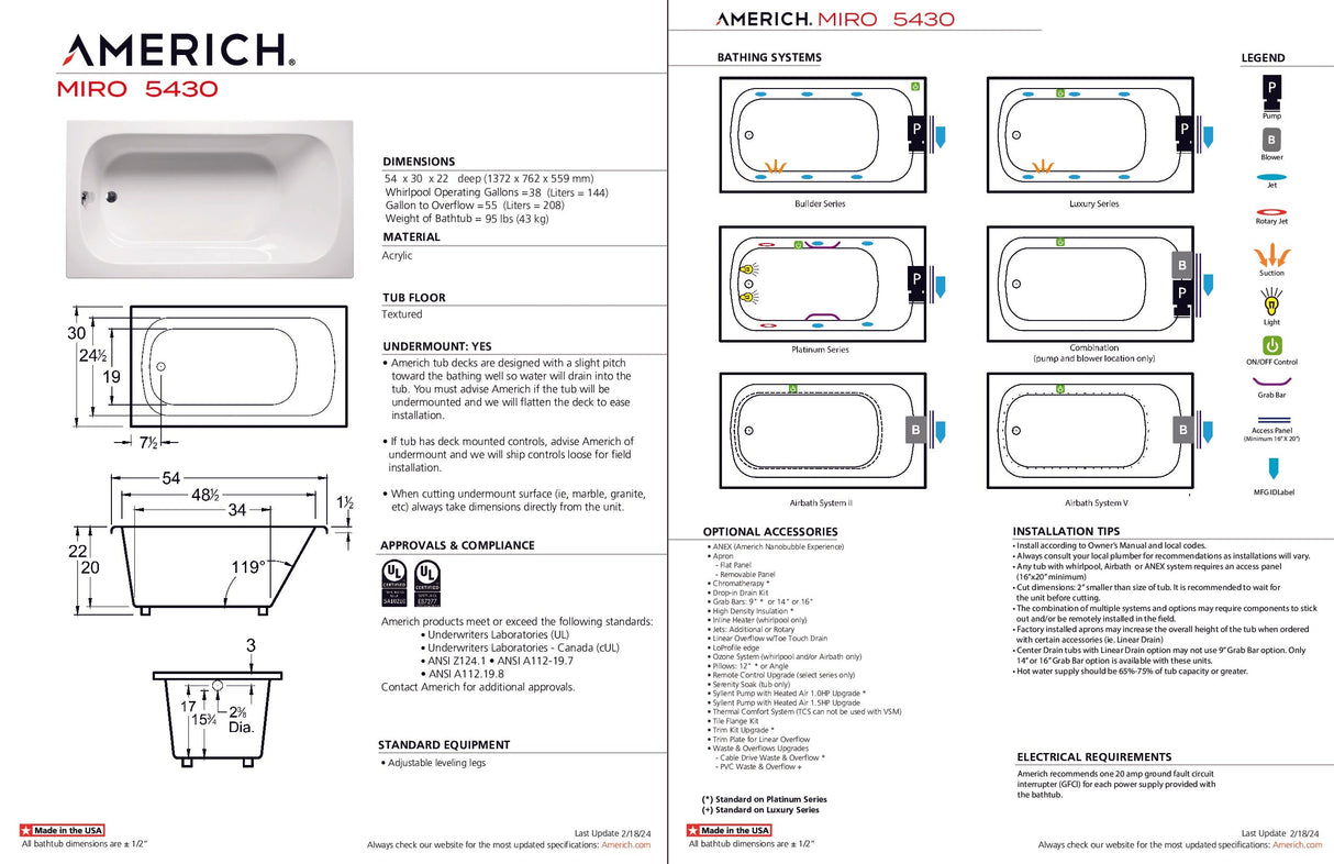 Americh MI5430TA5-BI Miro 5430 - Tub Only / Airbath 5 - Biscuit