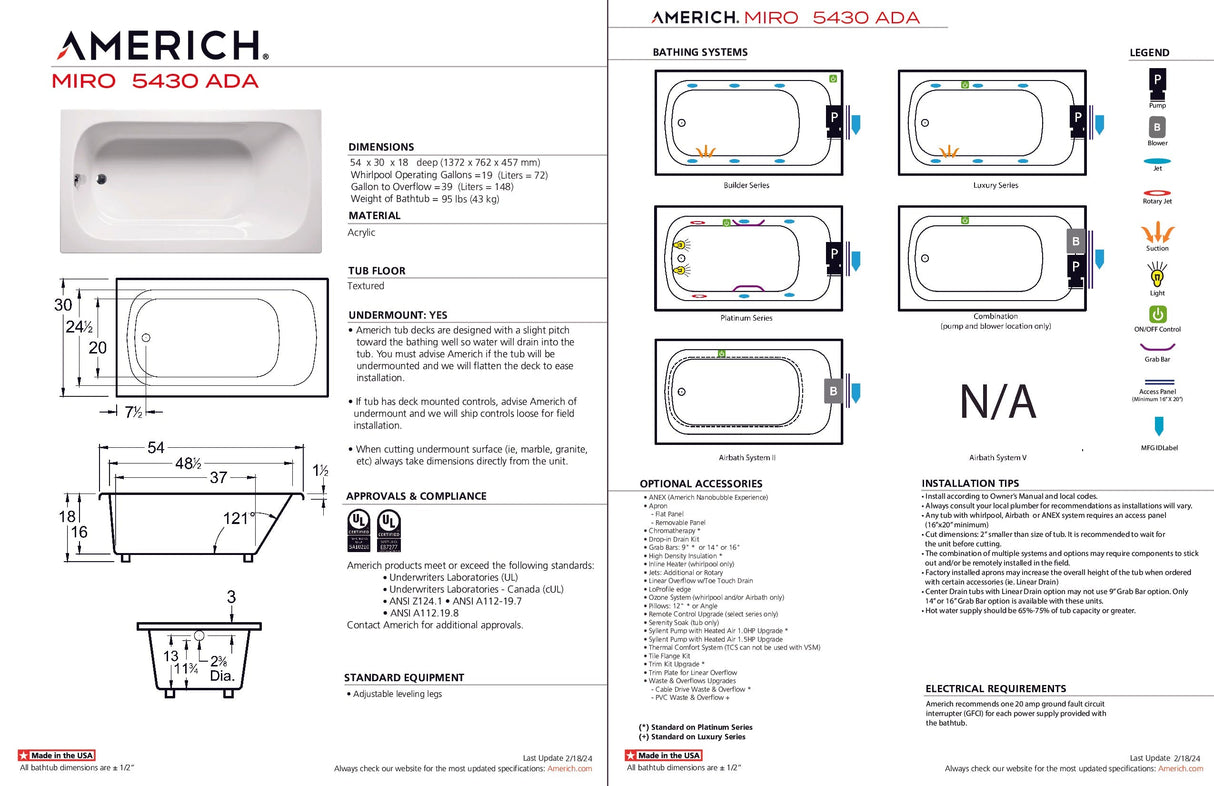 Americh MI5430ADATA5-BI Miro 5430 ADA - Tub Only / Airbath 5 - Biscuit