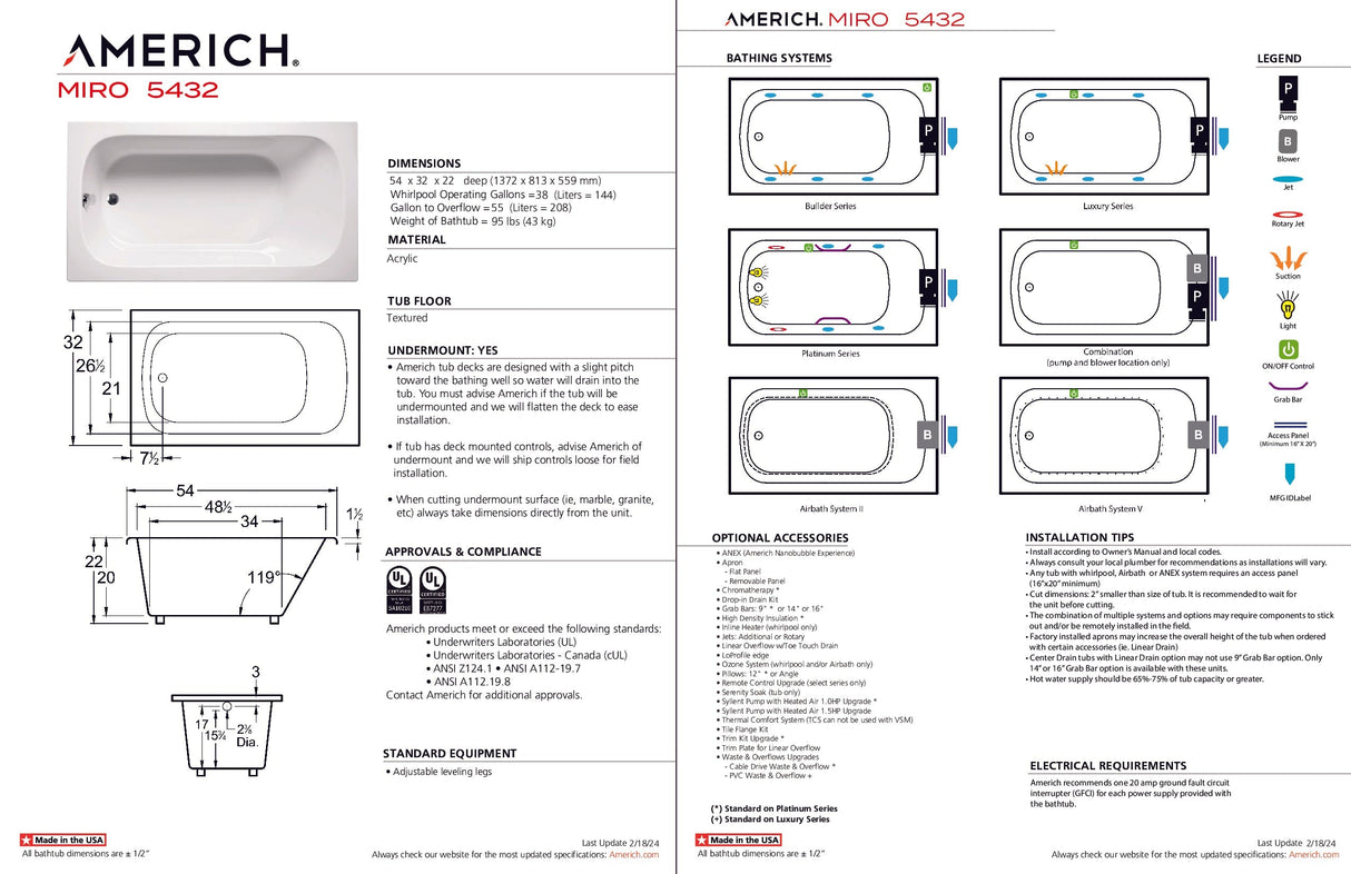 Americh MI5432TA5-BI Miro 5432 - Tub Only / Airbath 5 - Biscuit