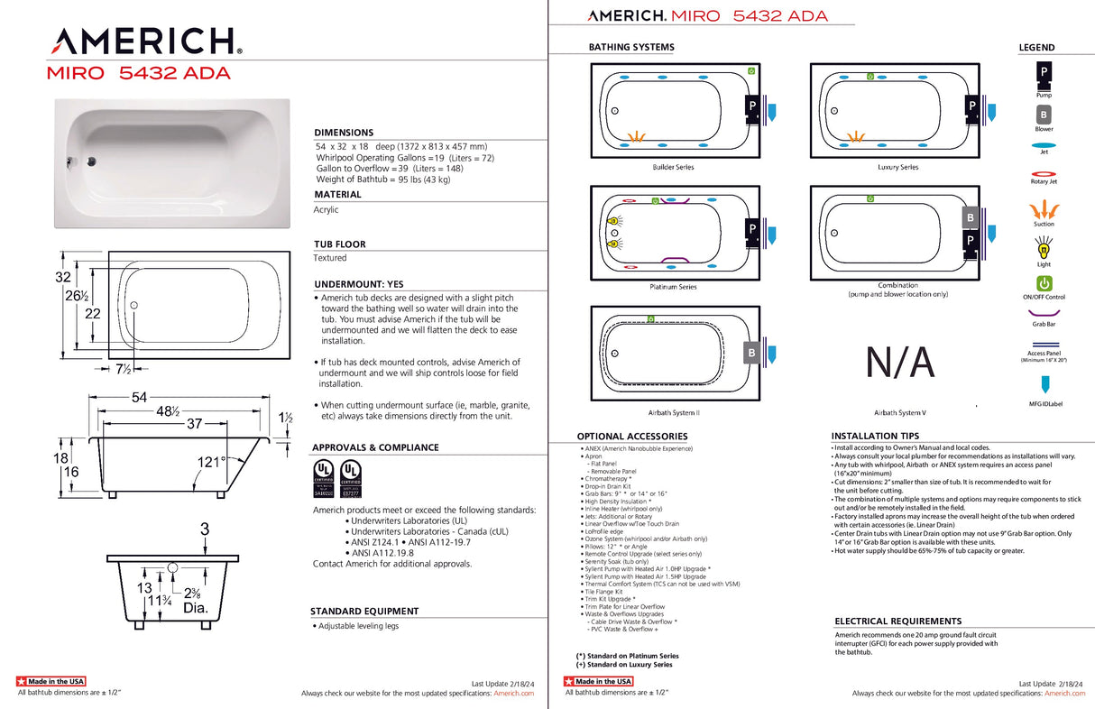 Americh MI5432ADATA5-BI Miro 5432 ADA - Tub Only / Airbath 5 - Biscuit