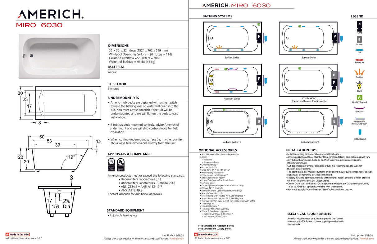 Americh MI6030TA5-BI Miro 6030 - Tub Only / Airbath 5 - Biscuit