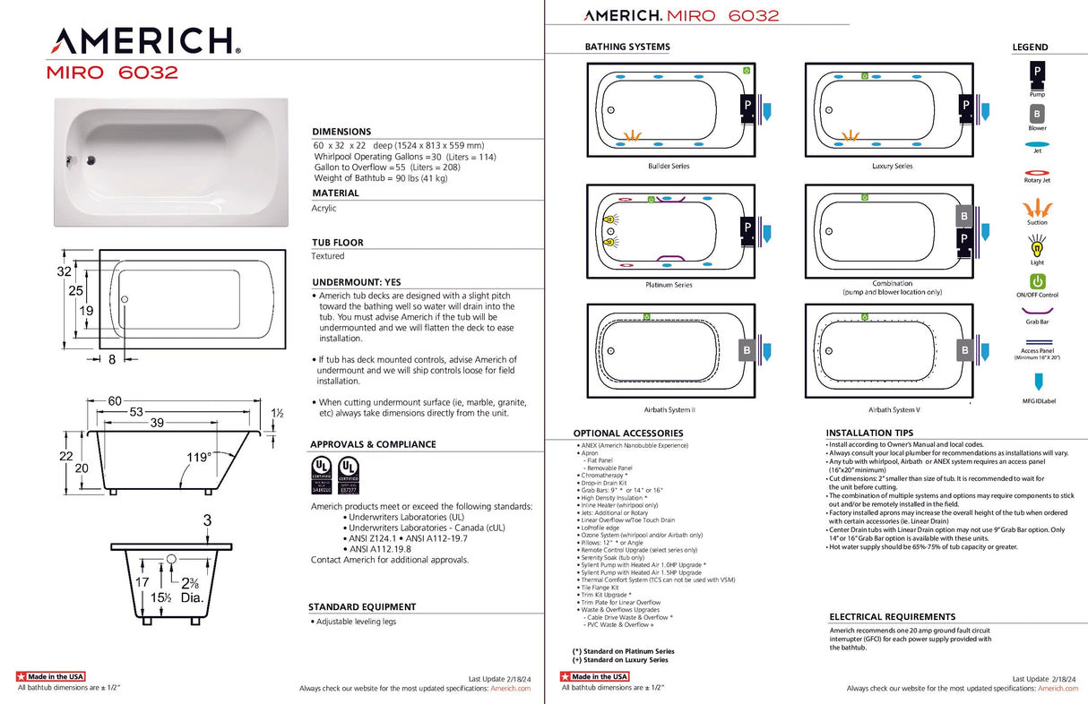 Americh MI6032TA5-BI Miro 6032 - Tub Only / Airbath 5 - Biscuit