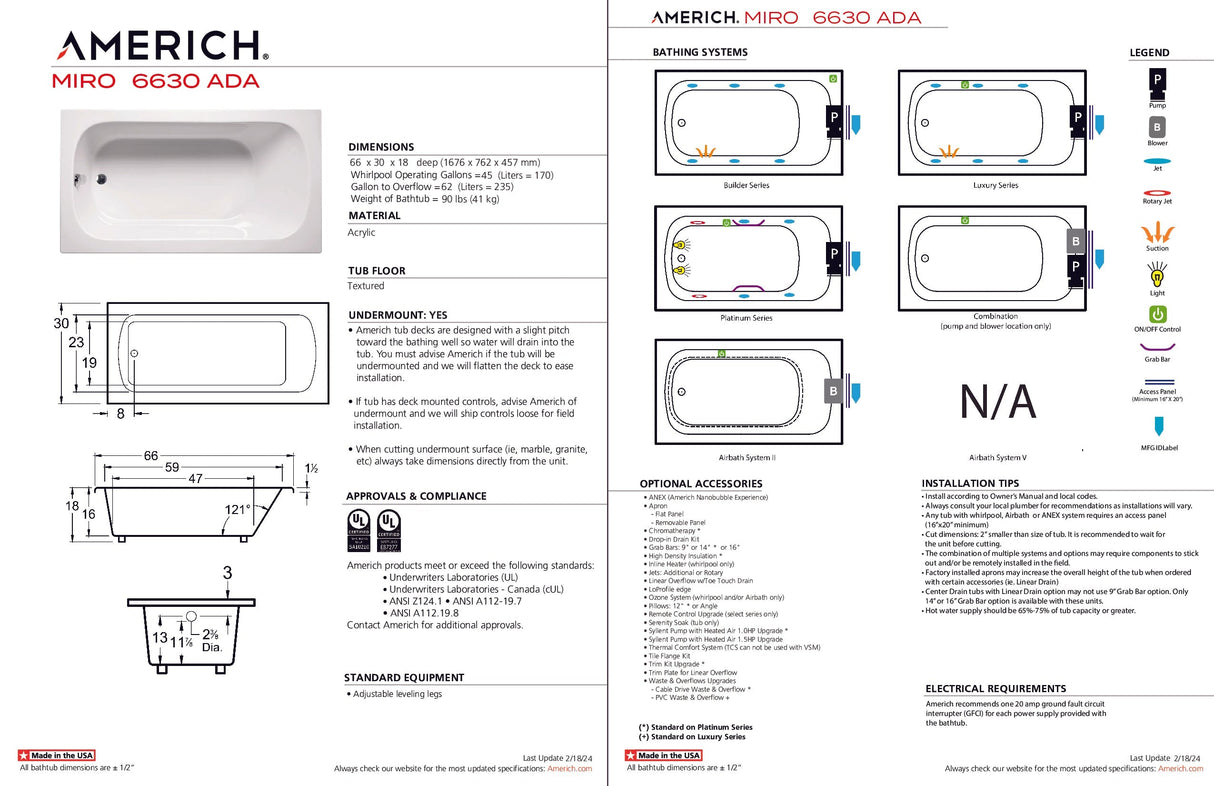 Americh MI6630ADATA5-BI Miro 6630 ADA - Tub Only / Airbath 5 - Biscuit