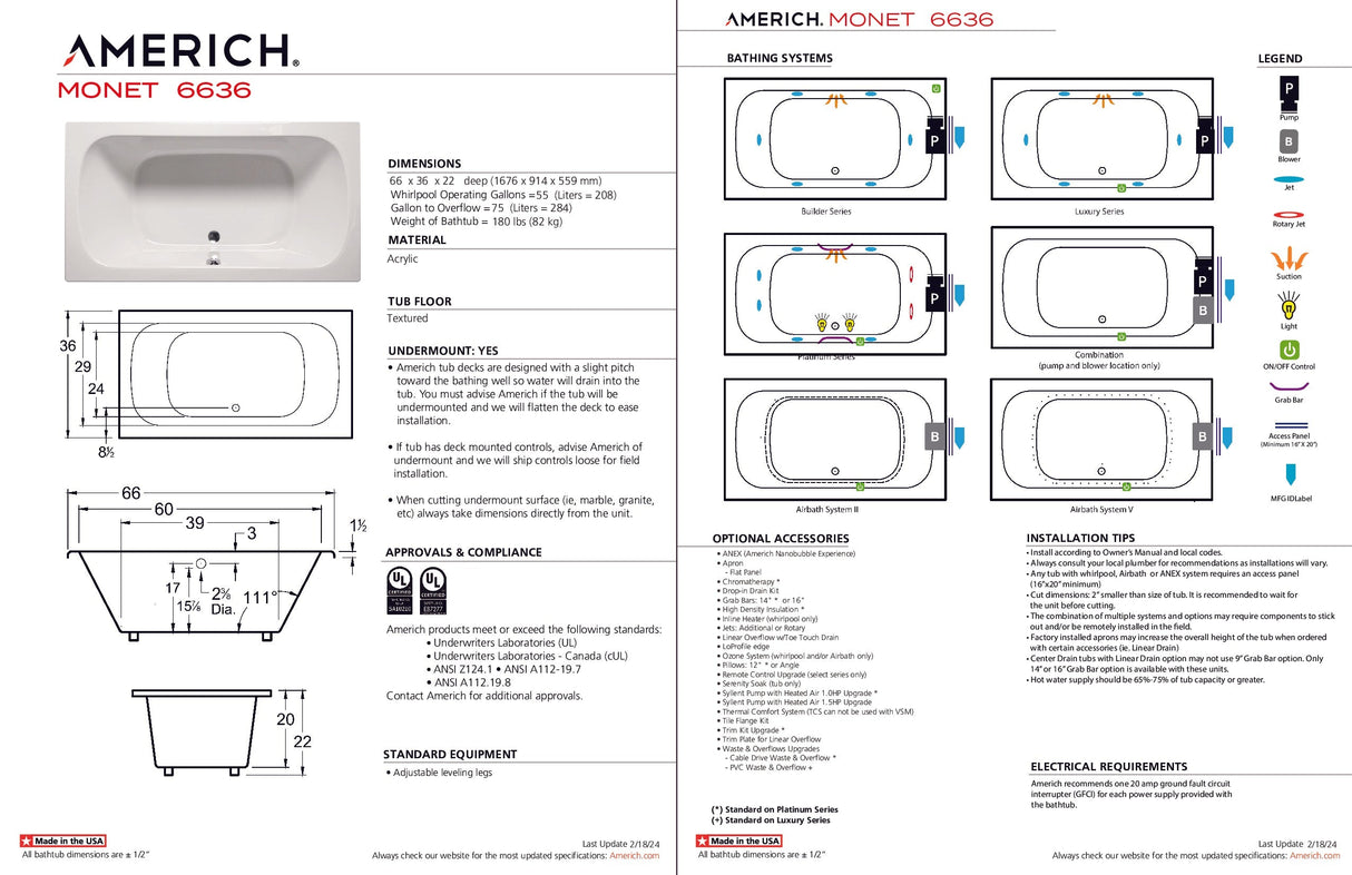 Americh MO6636TA5-BI Monet 6636 - Tub Only / Airbath 5 - Biscuit