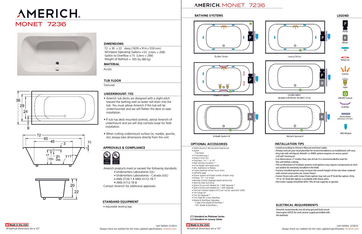 Americh MO7236TA5-BI Monet 7236 - Tub Only / Airbath 5 - Biscuit