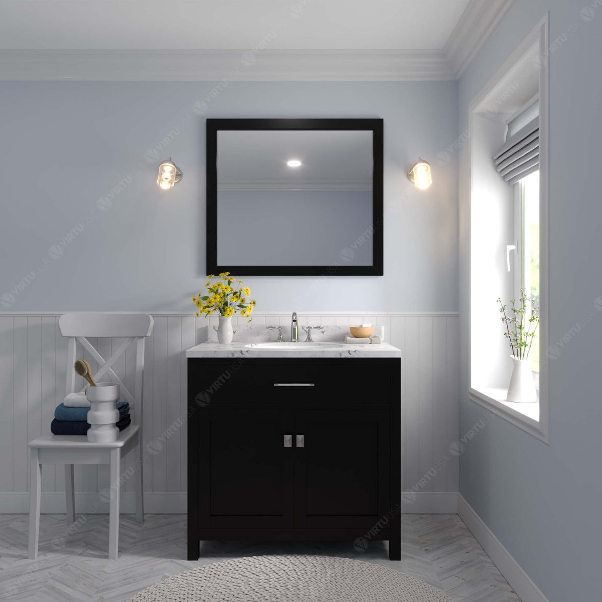 Virtu USA Caroline 36" Single Bath Vanity with White Quartz Top and Round Sink with Brushed Nickel Faucet with Matching Mirror