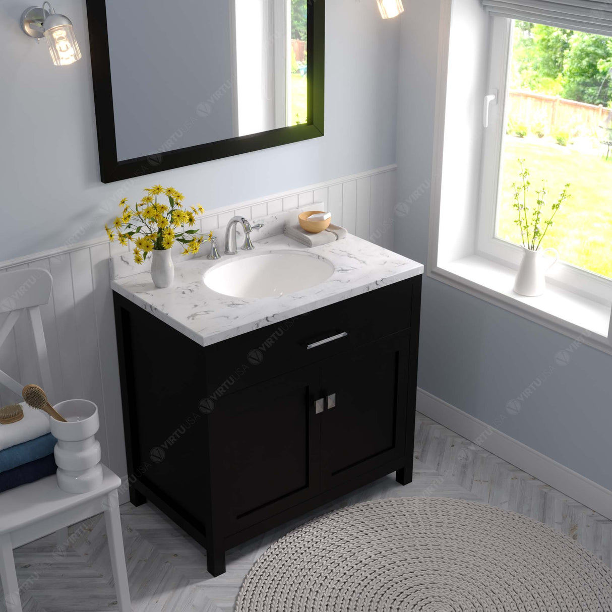 Virtu USA Caroline 36" Single Bath Vanity with White Quartz Top and Round Sink with Matching Mirror