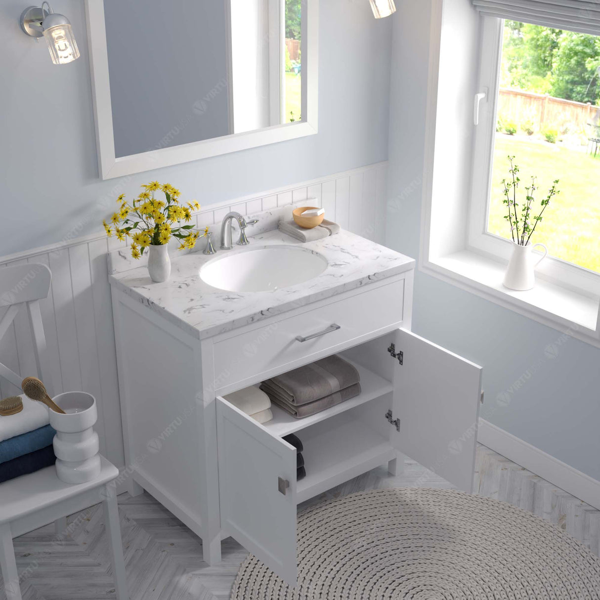 Virtu USA Caroline 36" Single Bath Vanity with White Quartz Top and Round Sink with Matching Mirror