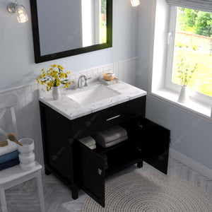 Virtu USA Caroline 36" Single Bath Vanity with White Quartz Top and Square Sink with Polished Chrome Faucet with Matching Mirror