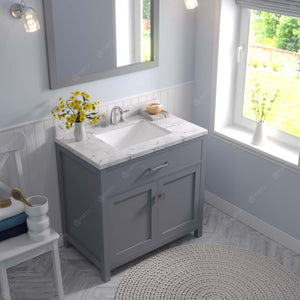 Virtu USA Caroline 36" Single Bath Vanity with White Quartz Top and Square Sink with Polished Chrome Faucet with Matching Mirror