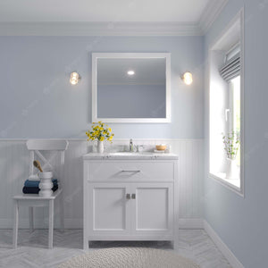 Virtu USA Caroline 36" Single Bath Vanity with White Quartz Top and Square Sink with Polished Chrome Faucet with Matching Mirror