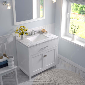 Virtu USA Caroline 36" Single Bath Vanity with White Quartz Top and Square Sink with Polished Chrome Faucet with Matching Mirror