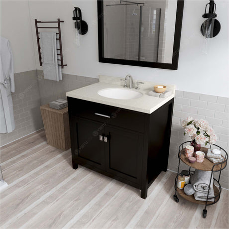 Virtu USA Caroline 36" Single Bath Vanity with White Quartz Top and Round Sink with Matching Mirror