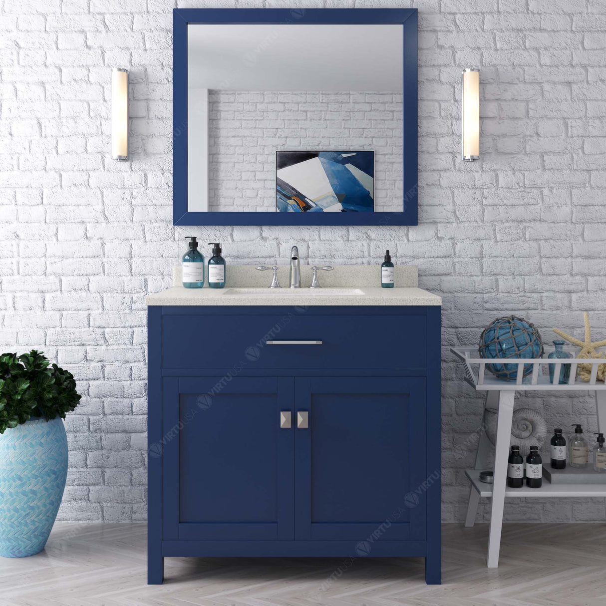 Virtu USA Caroline 36" Single Bath Vanity with White Quartz Top and Round Sink with Polished Chrome Faucet with Matching Mirror