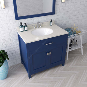 Virtu USA Caroline 36" Single Bath Vanity with White Quartz Top and Round Sink with Polished Chrome Faucet with Matching Mirror