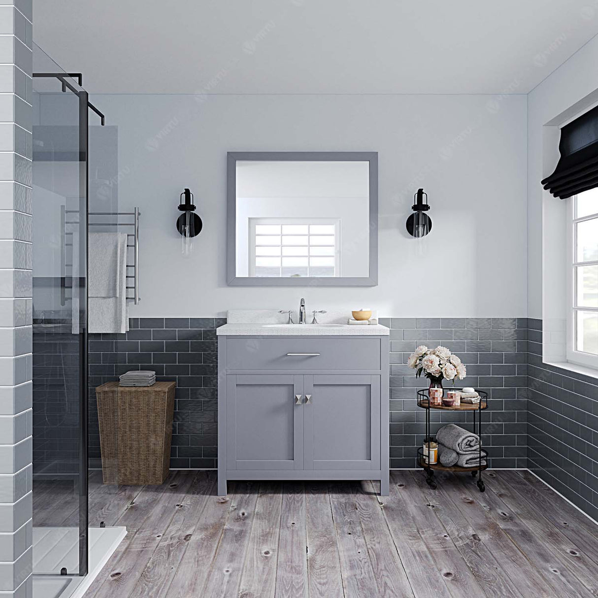 Virtu USA Caroline 36" Single Bath Vanity with White Quartz Top and Round Sink with Polished Chrome Faucet with Matching Mirror