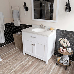 Virtu USA Caroline 36" Single Bath Vanity with White Quartz Top and Round Sink with Polished Chrome Faucet with Matching Mirror