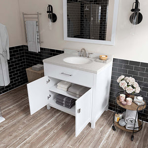 Virtu USA Caroline 36" Single Bath Vanity with White Quartz Top and Round Sink with Matching Mirror