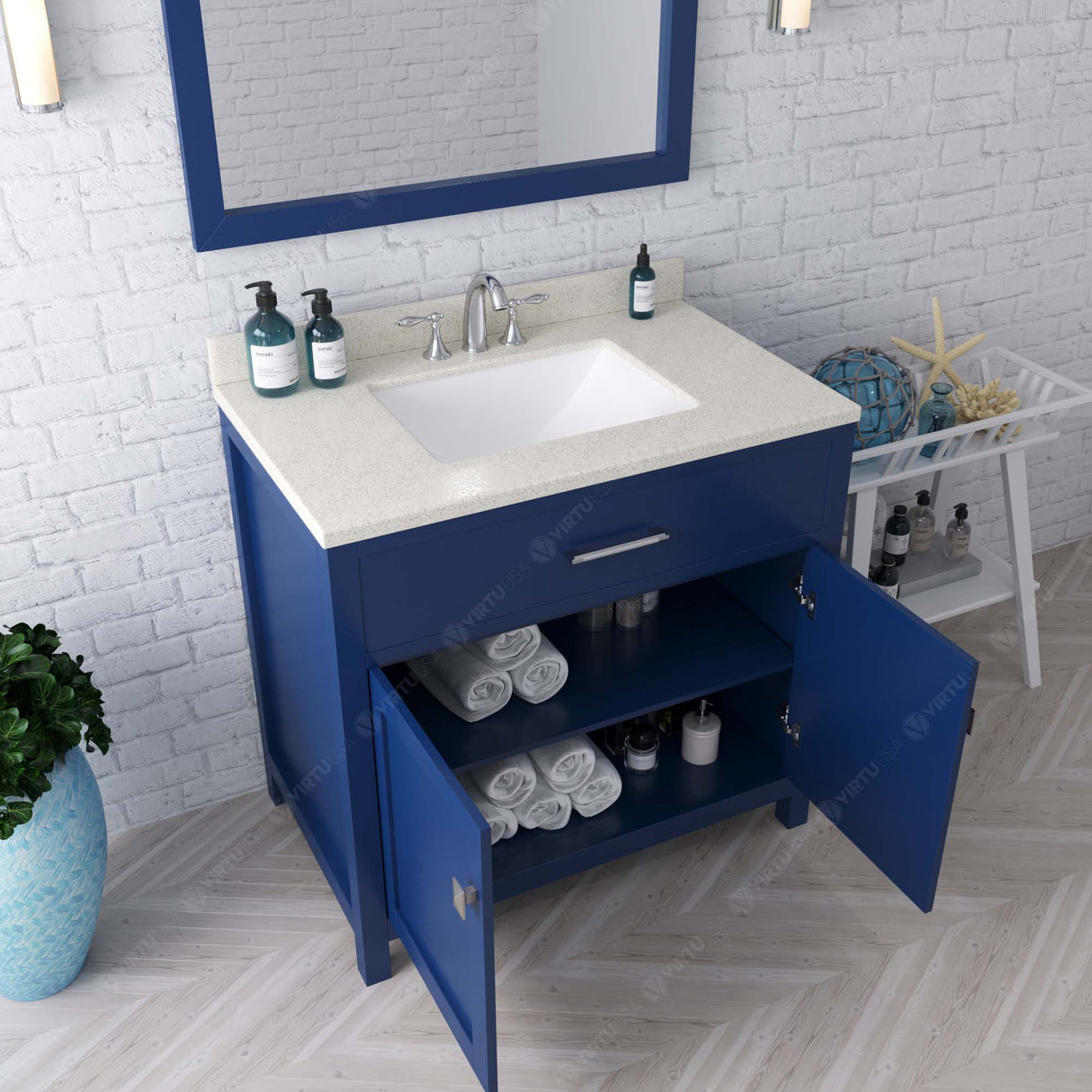 Virtu USA Caroline 36" Single Bath Vanity with White Quartz Top and Square Sink with Matching Mirror