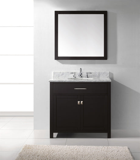Virtu USA Caroline 36" Single Bath Vanity with White Marble Top and Round Sink with Polished Chrome Faucet with Matching Mirror