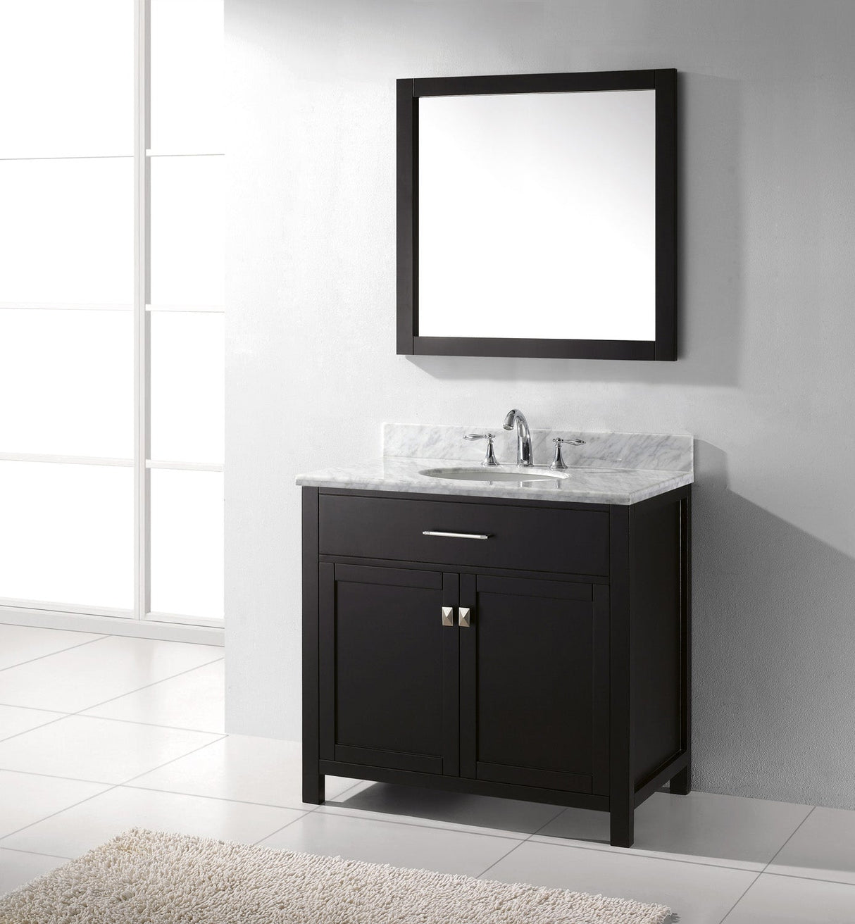 Virtu USA Caroline 36" Single Bath Vanity with White Marble Top and Round Sink with Polished Chrome Faucet with Matching Mirror