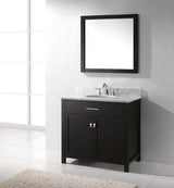 Virtu USA Caroline 36" Single Bath Vanity with White Marble Top and Round Sink with Polished Chrome Faucet with Matching Mirror