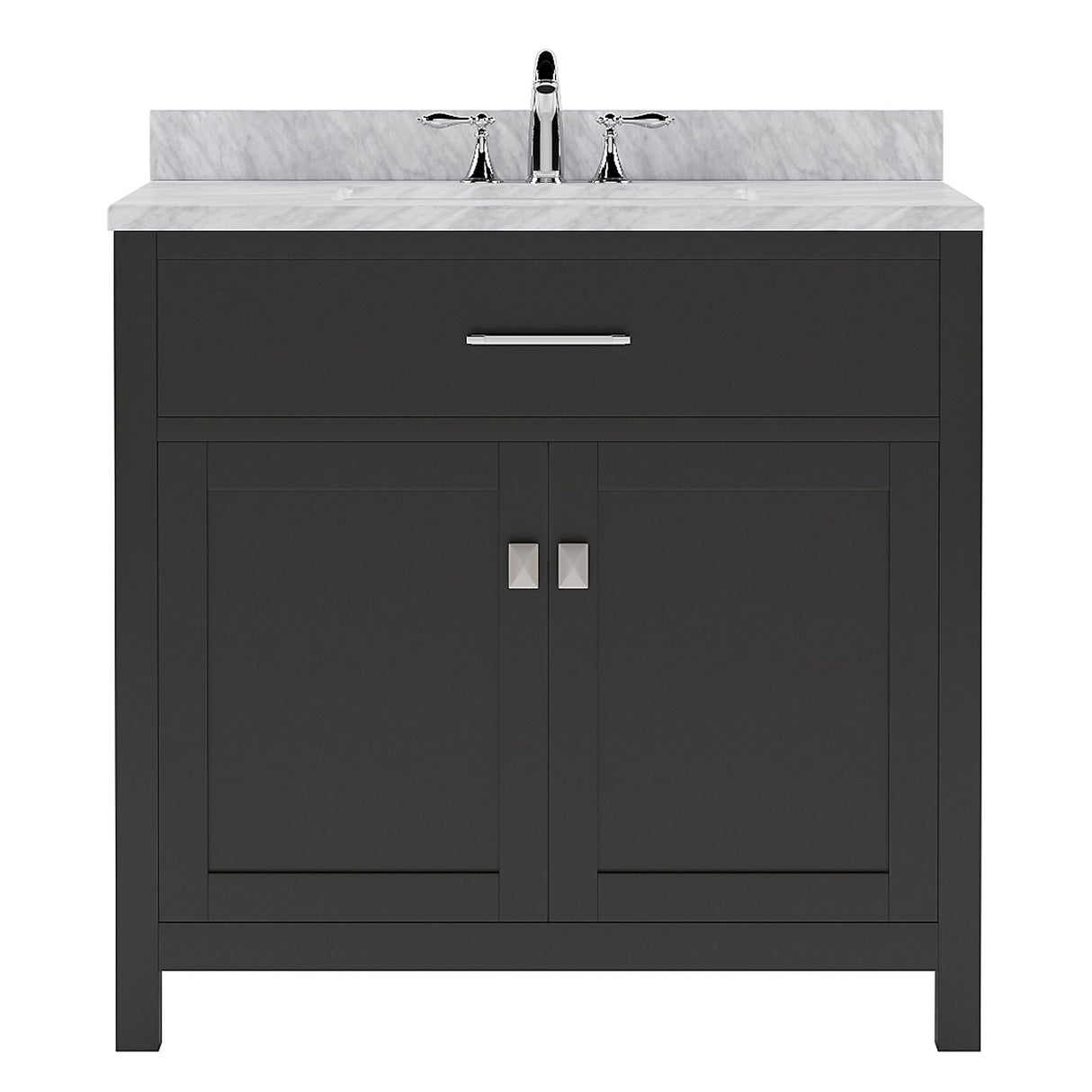 Virtu USA Caroline 36" Single Bath Vanity with White Marble Top and Round Sink with Matching Mirror