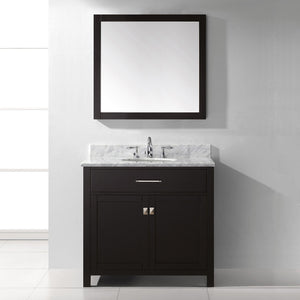 Virtu USA Caroline 36" Single Bath Vanity with White Marble Top and Round Sink with Matching Mirror