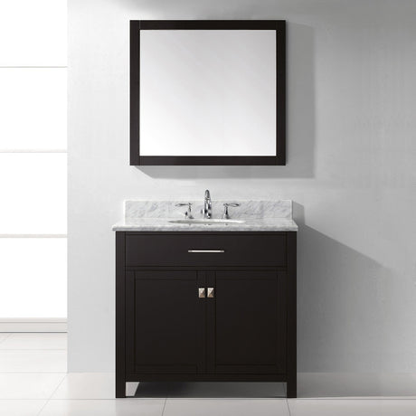 Virtu USA Caroline 36" Single Bath Vanity with White Marble Top and Round Sink with Brushed Nickel Faucet with Matching Mirror