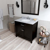 Virtu USA Caroline 36" Single Bath Vanity with White Marble Top and Round Sink with Matching Mirror