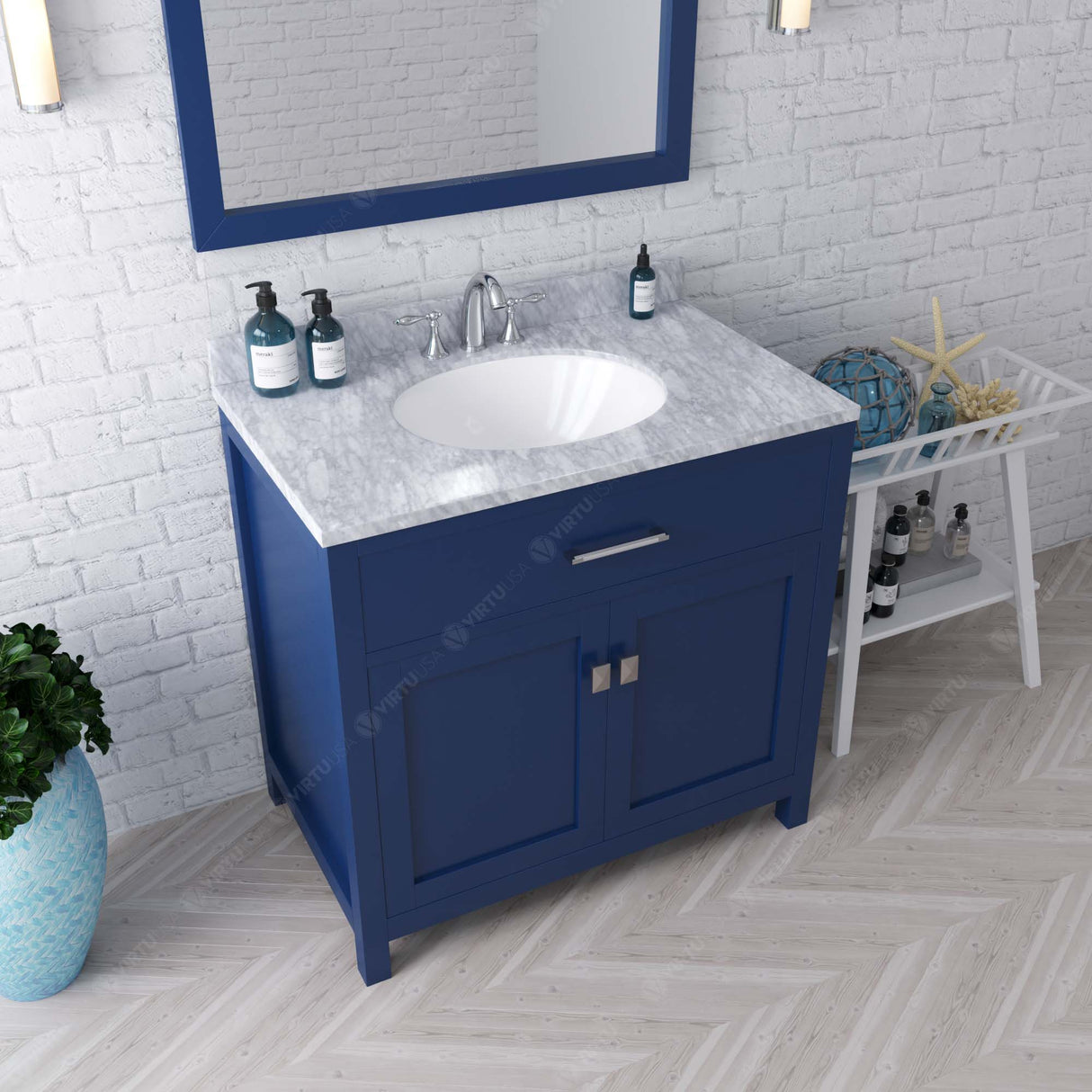 Virtu USA Caroline 36" Single Bath Vanity with White Marble Top and Round Sink with Matching Mirror