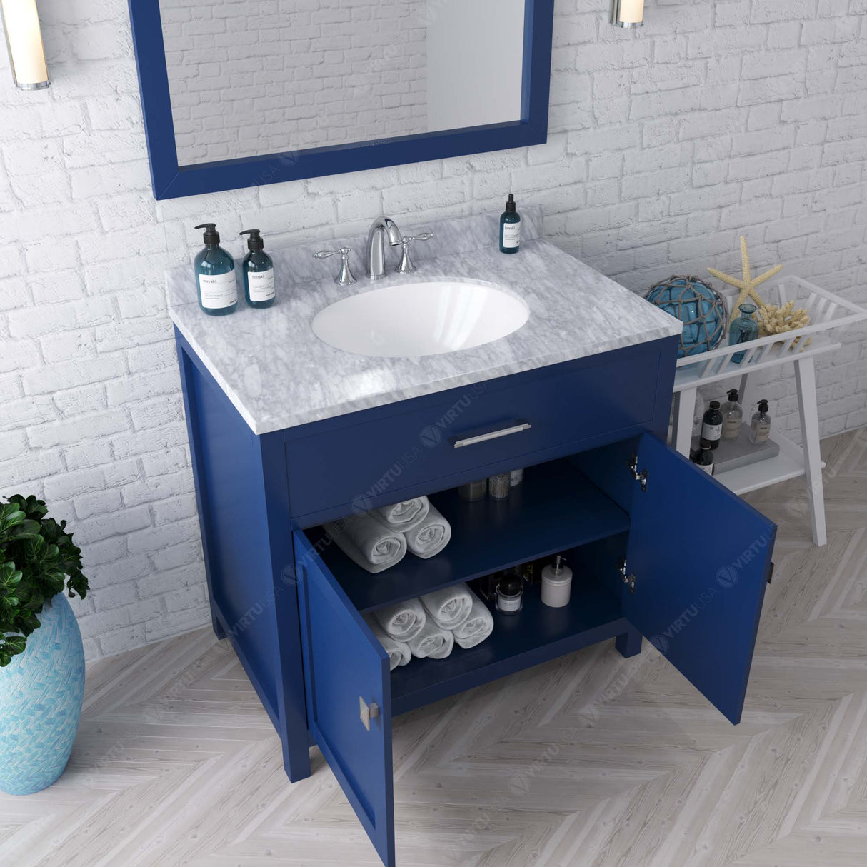 Virtu USA Caroline 36" Single Bath Vanity with White Marble Top and Round Sink with Matching Mirror