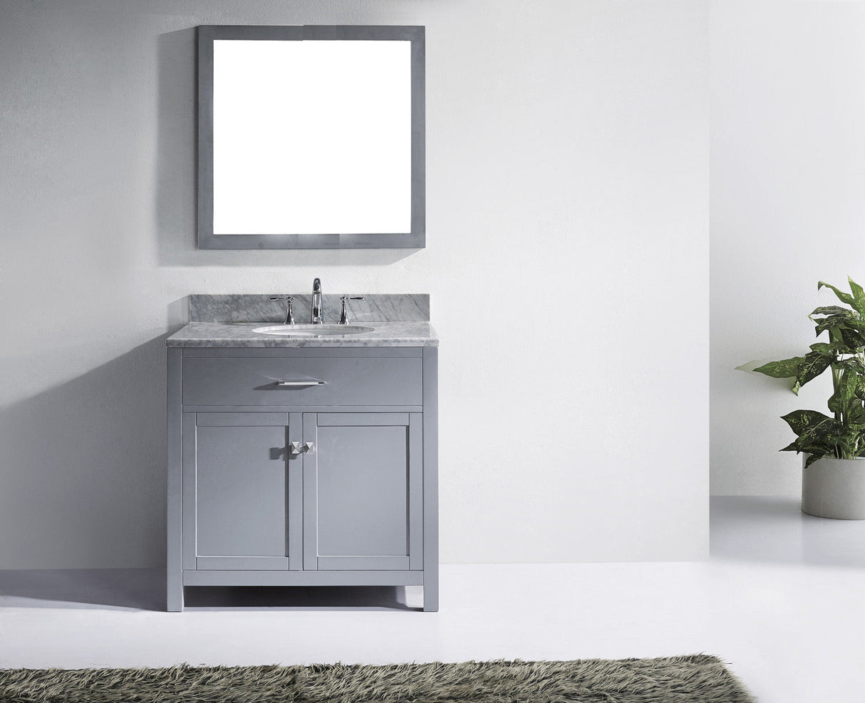 Virtu USA Caroline 36" Single Bath Vanity with White Marble Top and Round Sink with Brushed Nickel Faucet with Matching Mirror