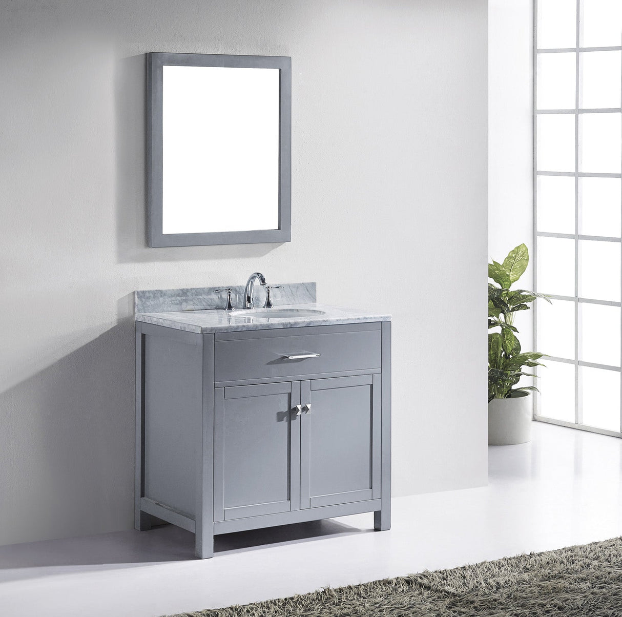 Virtu USA Caroline 36" Single Bath Vanity with White Marble Top and Round Sink with Brushed Nickel Faucet with Matching Mirror