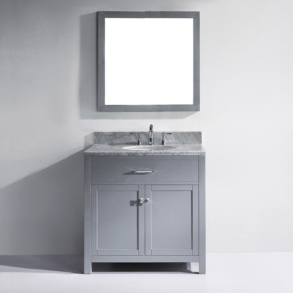 Virtu USA Caroline 36" Single Bath Vanity with White Marble Top and Round Sink with Polished Chrome Faucet with Matching Mirror